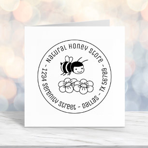 Honey Bee and Flowers Round Business Address 2 Self-inking Stamp