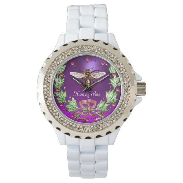 HONEY BEE AND GREEN FLORAL CROWN Beekeeper Purple Watch (Front)
