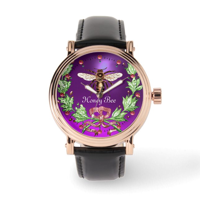 HONEY BEE AND GREEN FLORAL CROWN Beekeeper Purple Watch (Front)