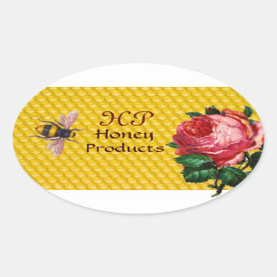 HONEY BEE AND PINK ROSE,BEEKEEPER MONOGRAM OVAL STICKER