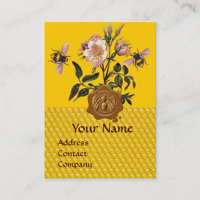 HONEY BEE AND WILD ROSES ,BEEKEEPER WAX SEAL BUSINESS CARD (Front)