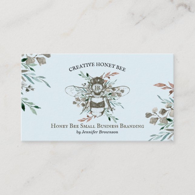 Honey Bee Apiary Floral Rustic Blue Business Card (Front)