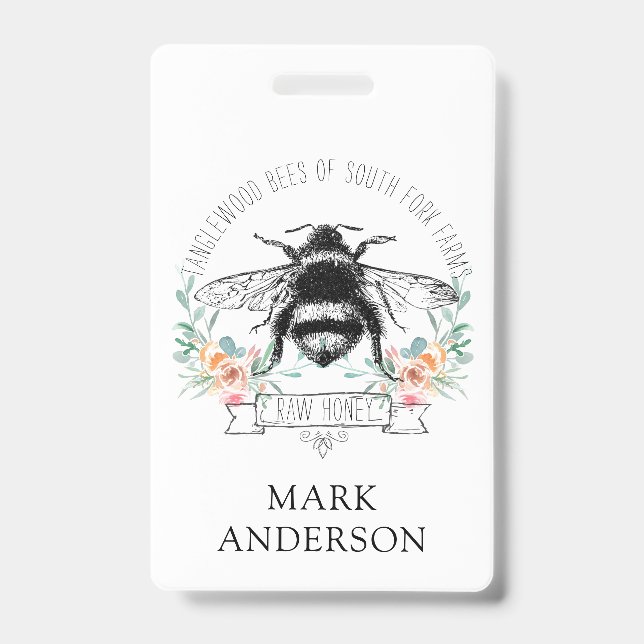 Honey Bee Apiary Honey Jar Label l Pink Floral ID Badge (Front)