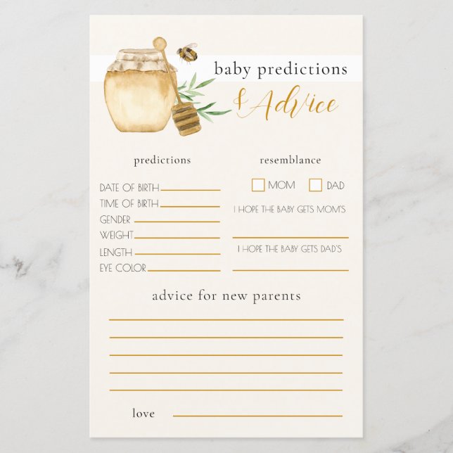 Honey Bee Baby Shower Prediction Game (Front)