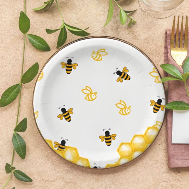 Honey Bee Bear Baby Shower Cute Paper Plates (honey bee baby shower, bee and bear baby shower, yellow, gender neutral, simple honey comb, bee baby)