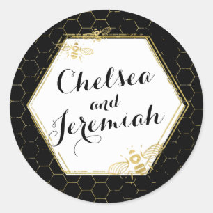 Honey Bee Black Gold Custom Name Sticker Wedding