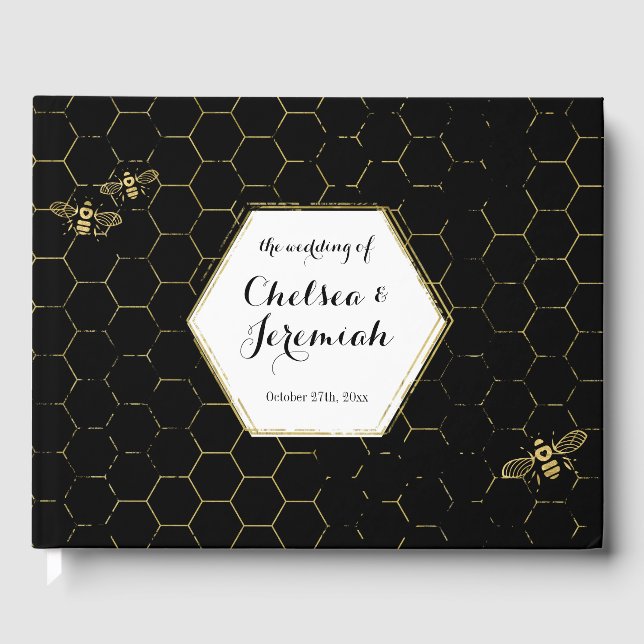 Honey Bee Black Gold Pattern Custom Wedding Guest Book (Front)