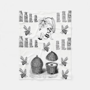 Honey bee black white decorative fleece blanket