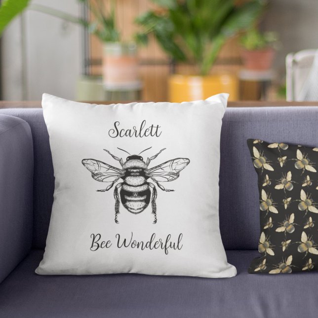 Honey Bee Black White Personalise Cushion (Creator Uploaded)