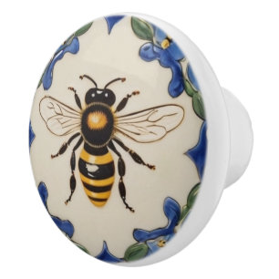 Honey Bee Blue and Yellow Decorative Ornate Ceramic Knob