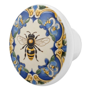 Honey Bee Blue and Yellow Decorative Ornate Ceramic Knob