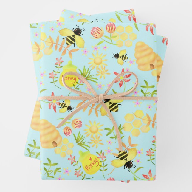 Honey Bee Blue Wrapping Paper Sheet (In situ)
