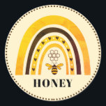 Honey Bee Boho Rainbow Honey Classic Round Sticker<br><div class="desc">Trendy rainbow theme honey bee yellow gold and black rainbow,  honey bee and hearts honey sticker.</div>