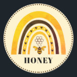 Honey Bee Boho Rainbow Honey Classic Round Sticker<br><div class="desc">Trendy rainbow theme honey bee yellow gold and black rainbow,  honey bee and hearts honey sticker.</div>