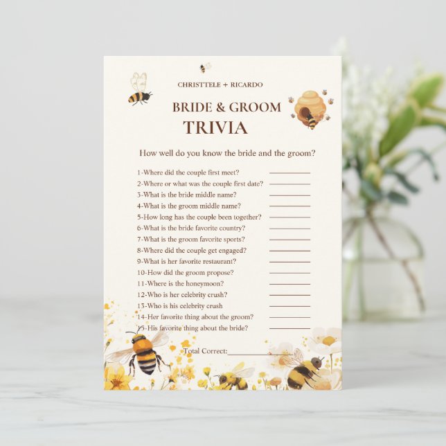 Honey Bee Book bride & Groom Trivia Game Card (Standing Front)