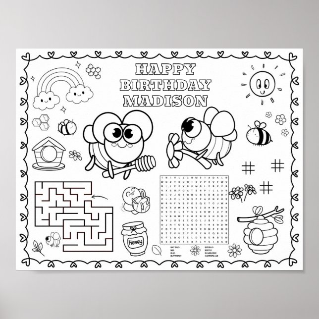 Honey bee bugs Birthday colouring mat  Poster (Front)