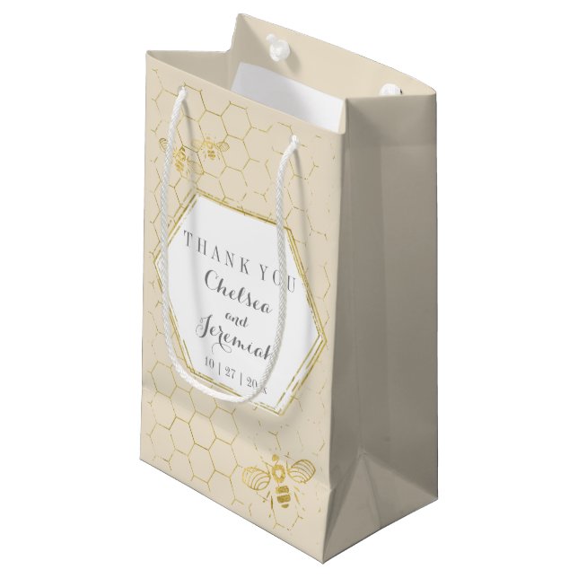 Honey Bee Cream Gold Pattern Custom Name Small Gift Bag (Front Angled)