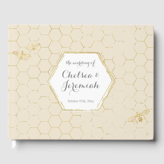 Honey Bee Cream Gold Pattern Custom Wedding Guest Book (Front)