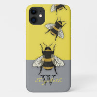 Honey Bee cute Yellow and grey monogram