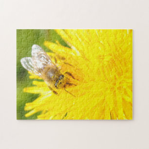 Honey Bee Dandelion Beautiful Sunny Yellow Macro Jigsaw Puzzle
