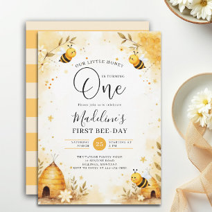 Honey Bee-Day Watercolor Floral Cute 1st Birthday Invitation