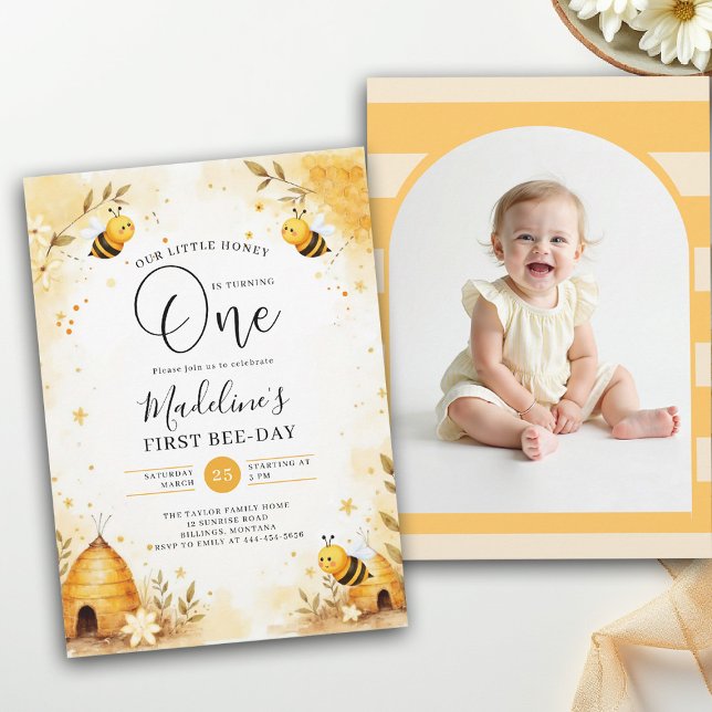 Honey Bee-Day Watercolor Photo Arch 1st Birthday Invitation (little honey bee one first birthday party photo arch invitation floral watercolor summer modern)