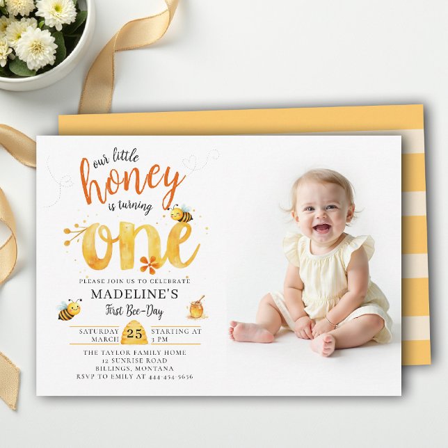 Honey Bee-Day Whimsical Cute Photo 1st Birthday Invitation (little honey bee one first birthday photo invitation wildflowers watercolor summer whimsical)