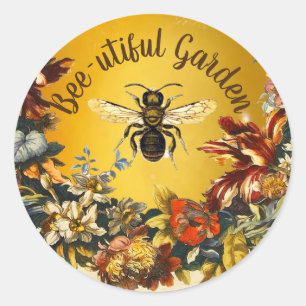 HONEY BEE FLOWER GARDEN, BEEKEEPING APIARY CLASSIC ROUND STICKER