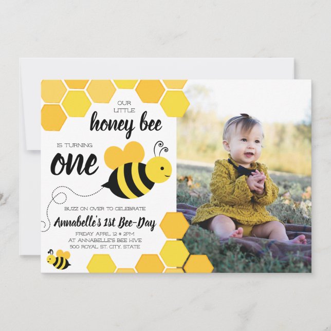 Honey Bee Girls First Birthday Photo Invitation (Front)
