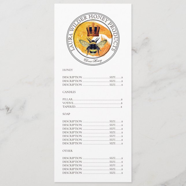 Honey Bee Gold Crown Logo Product Price List Menu (Front)