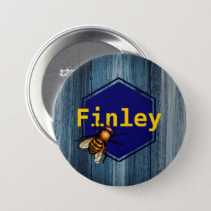 Honey bee hexagon • Blue wood texture Custom Name 7.5 Cm Round Badge