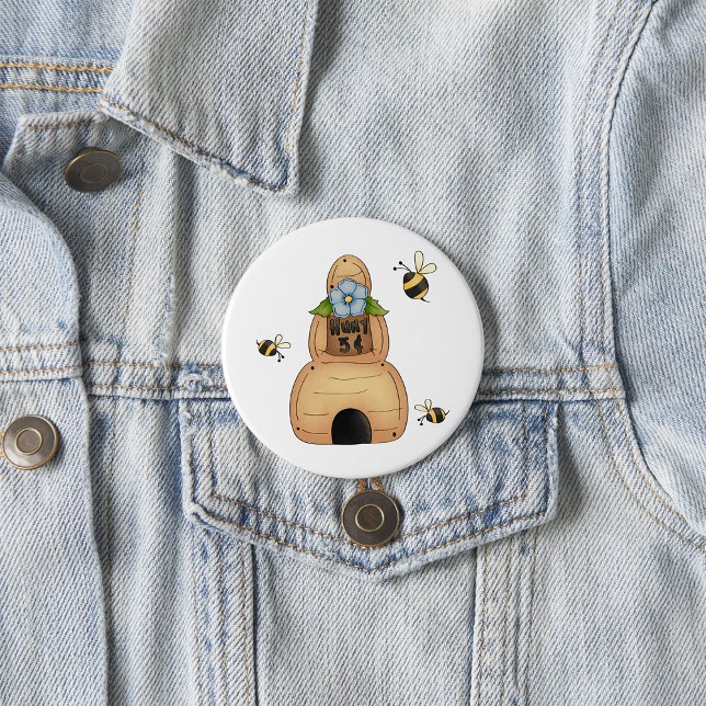 Honey Bee Hive with Blue Flower and Bees 7.5 Cm Round Badge (Creator Uploaded)