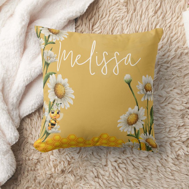 Honey Bee Honeycomb White Daisy Personalise Cushion (Creator Uploaded)