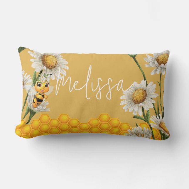 Honey Bee Honeycomb White Daisy Personalise Lumbar Cushion (Front)