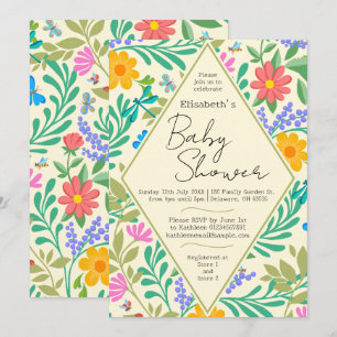 Honey Bee, Ladybug, Butterfly, Dragonfly & Flowers Invitation