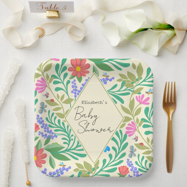 Honey Bee, Ladybug, Butterfly, Dragonfly & Flowers Paper Plate (Wedding)