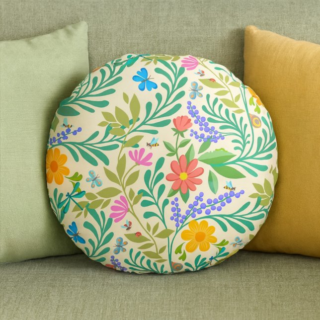 Honey Bee, Ladybug, Butterfly, Dragonfly & Flowers Round Cushion (Creator Uploaded)