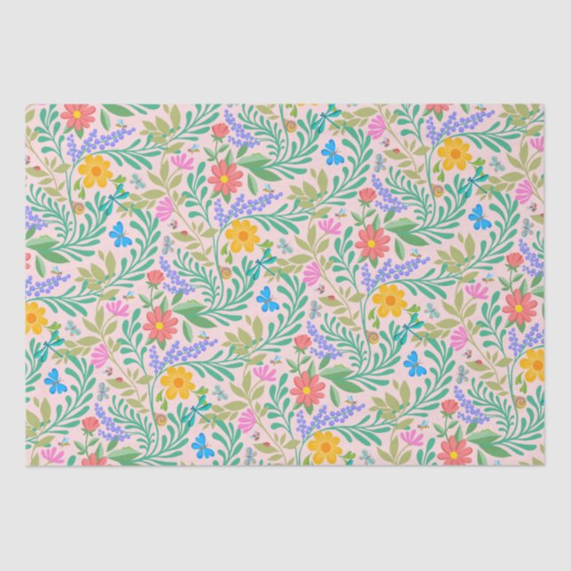 Honey Bee, Ladybug, Butterfly, Dragonfly & Flowers Tissue Paper (Front)