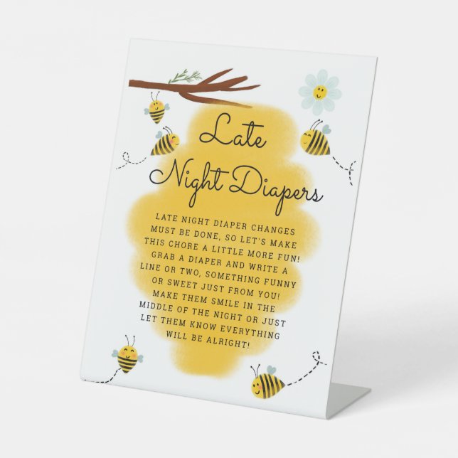 Honey Bee Late Night Diapers Baby Shower Table Pedestal Sign (Front)