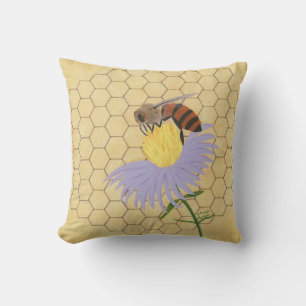 Honey bee on a flower honeycomb background pillow
