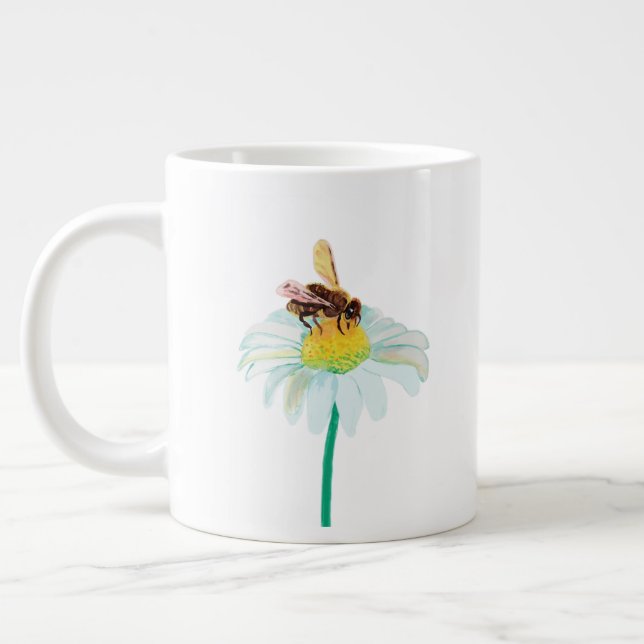Honey Bee on a White Flower Large Coffee Mug (Left)