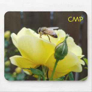 Honey Bee on a Yellow Rose your Initials Mouse Pad