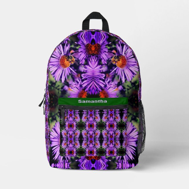 Honey Bee On Aster Flower Abstract Personalised Printed Backpack (Front)