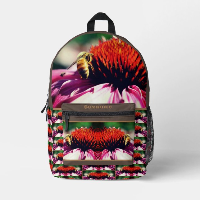Honey Bee On Coneflower Daisy Personalised Printed Backpack (Front)