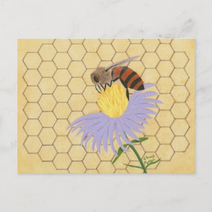 Honey bee on flower honeycomb background postcards