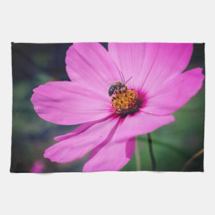 Honey Bee On Pink Cosmos Flower Close Up  Tea Towel