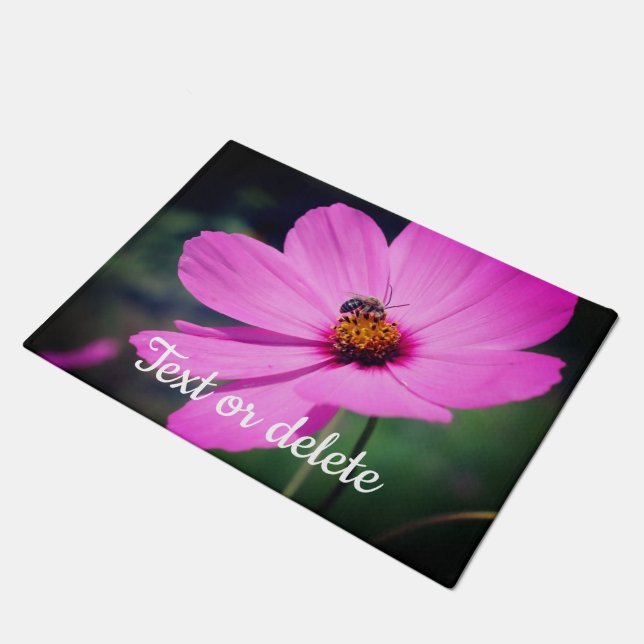 Honey Bee On Pink Cosmos Flower Personalised Doormat (Angled)