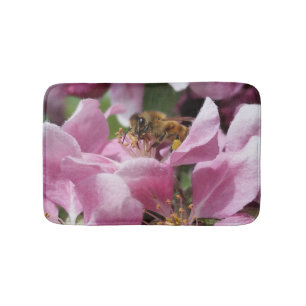 Honey Bee on Pink Crabapple blossom Bath Mat