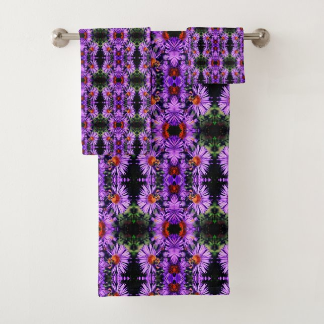 Honey Bee On Purple Aster Flower Abstract Bath Towel Set (Insitu)