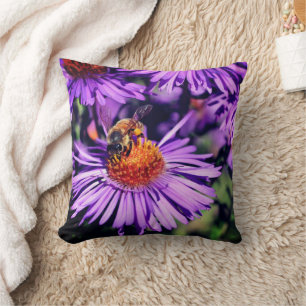 Honey Bee On Purple Aster Flower Cushion